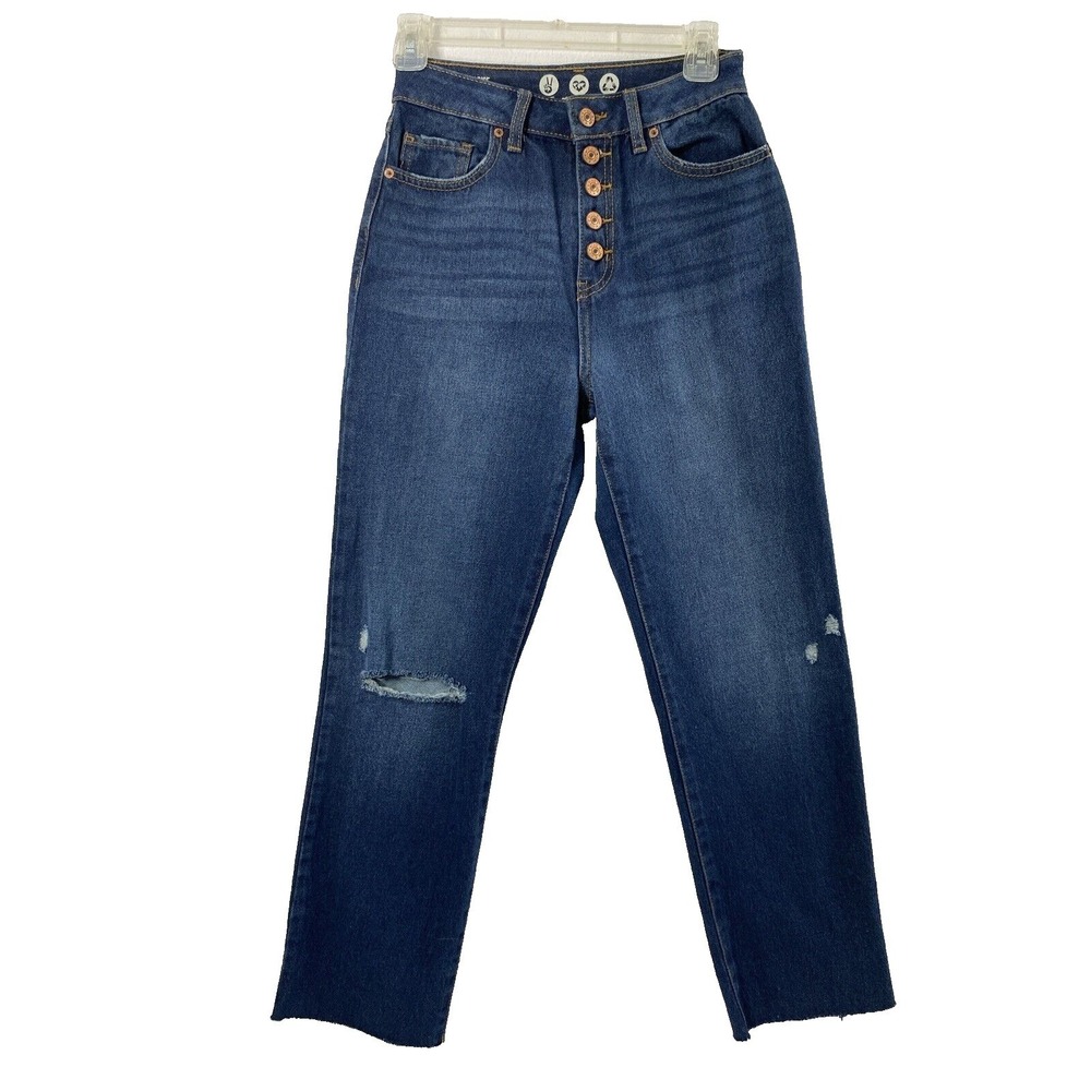 Rewash Peace Love Eco Jeans Womens Size 25 Button Fly Dark‎ Wash Denim Distress